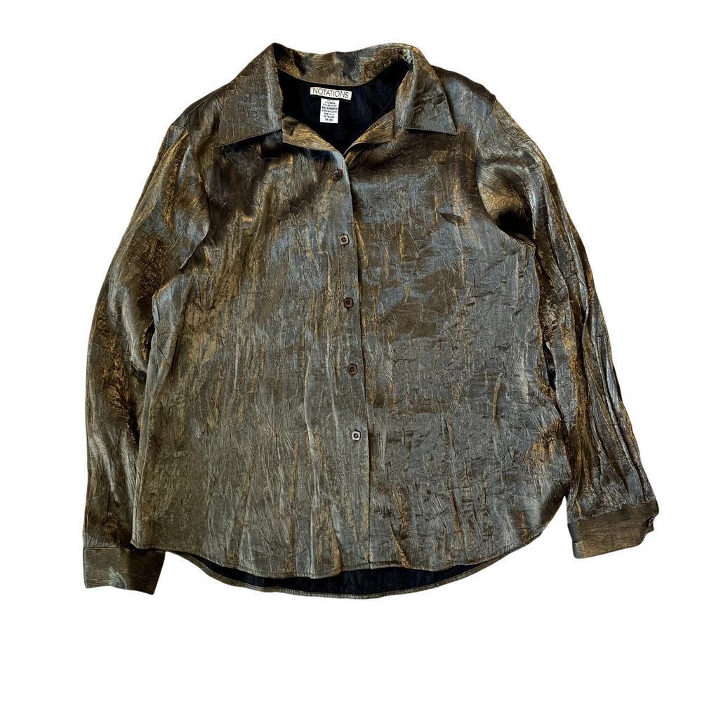 Vintage Notations Gold/Olive button-up blouse women's size large